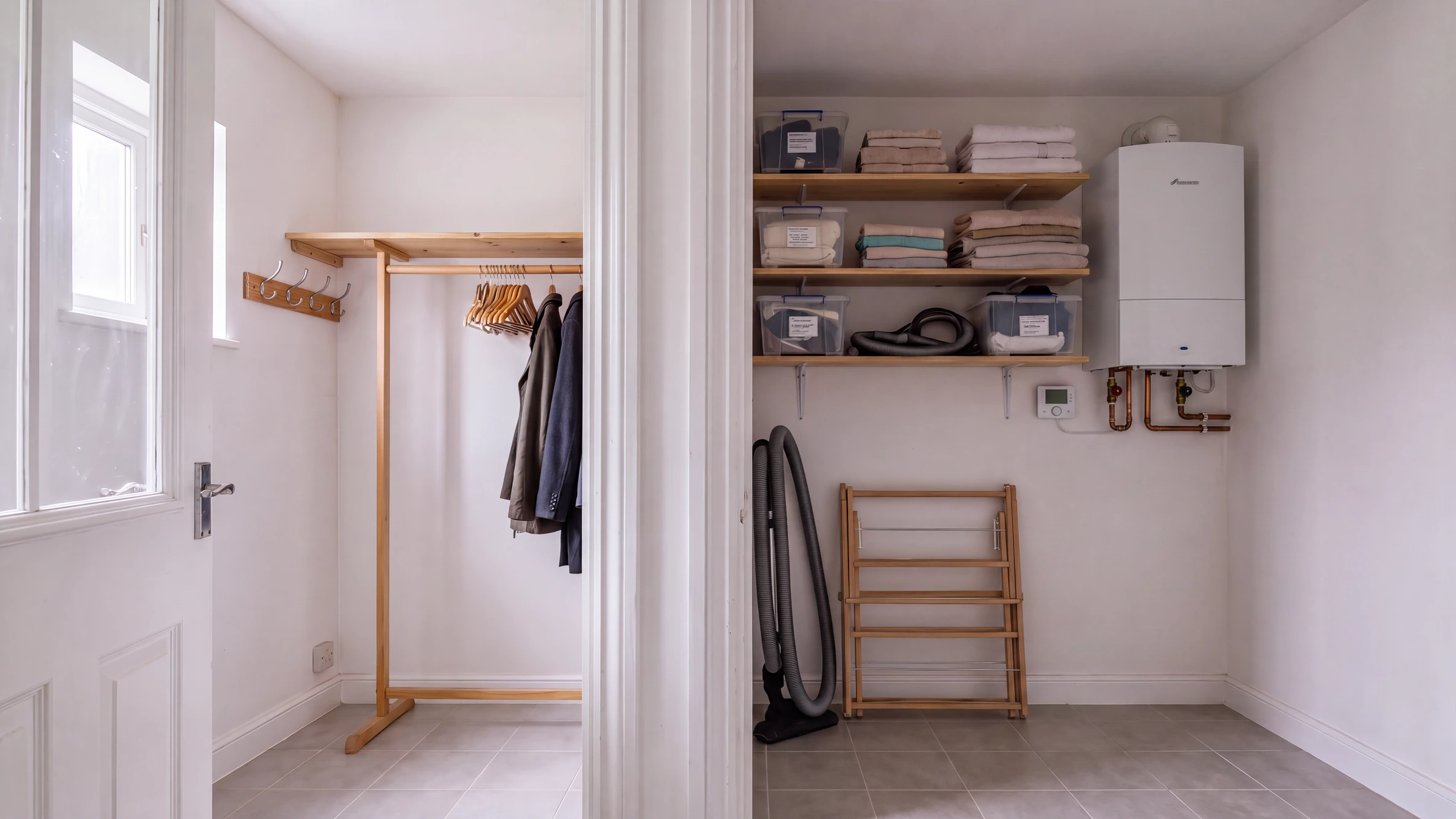 The same cupboard after the work: a wall-mounted combi boiler where the old boiler and hot water cylinder stood, and the floor space returned.