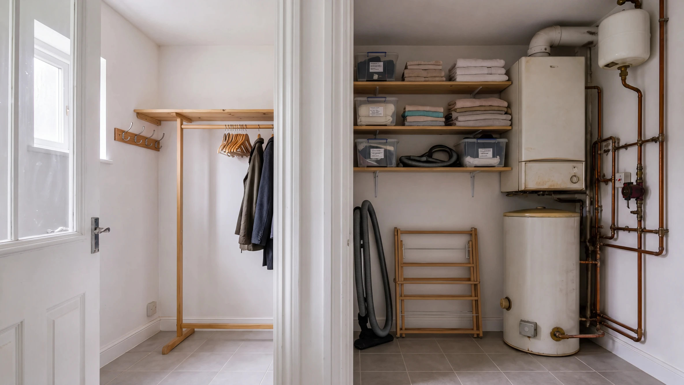 A utility cupboard before the work: an old wall boiler, a hot water cylinder taking up the whole floor, and exposed copper pipework.