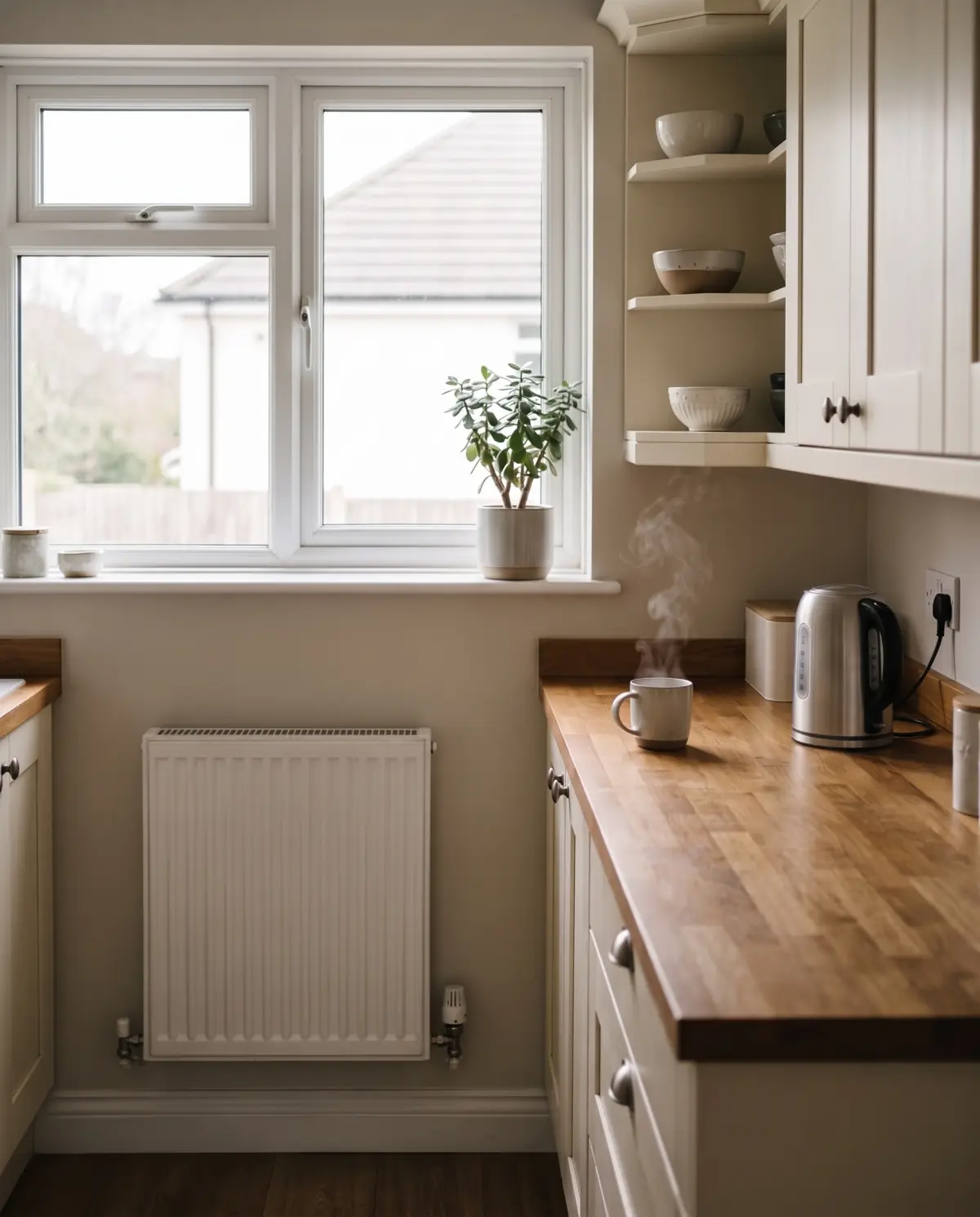 A bright kitchen with a radiator under the window