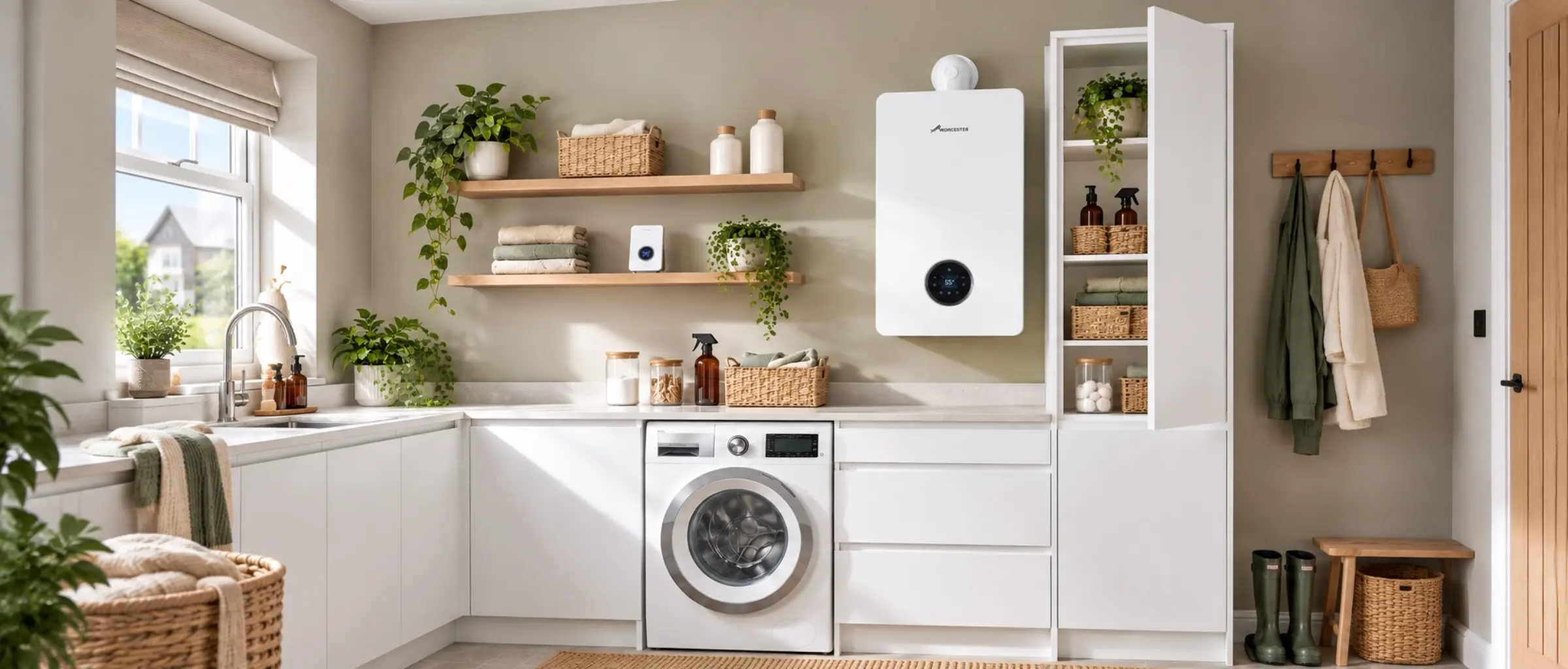 A white wall-hung boiler fitted above a run of white units in a bright utility room, with a washing machine below and open shelves alongside