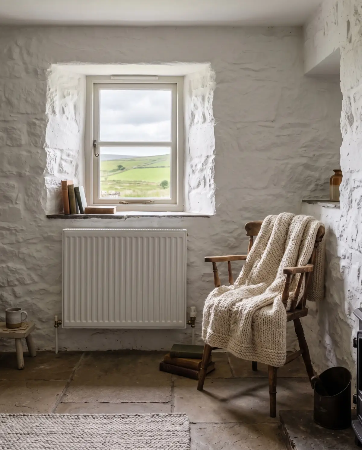 A stone cottage sitting room with a radiator under the window