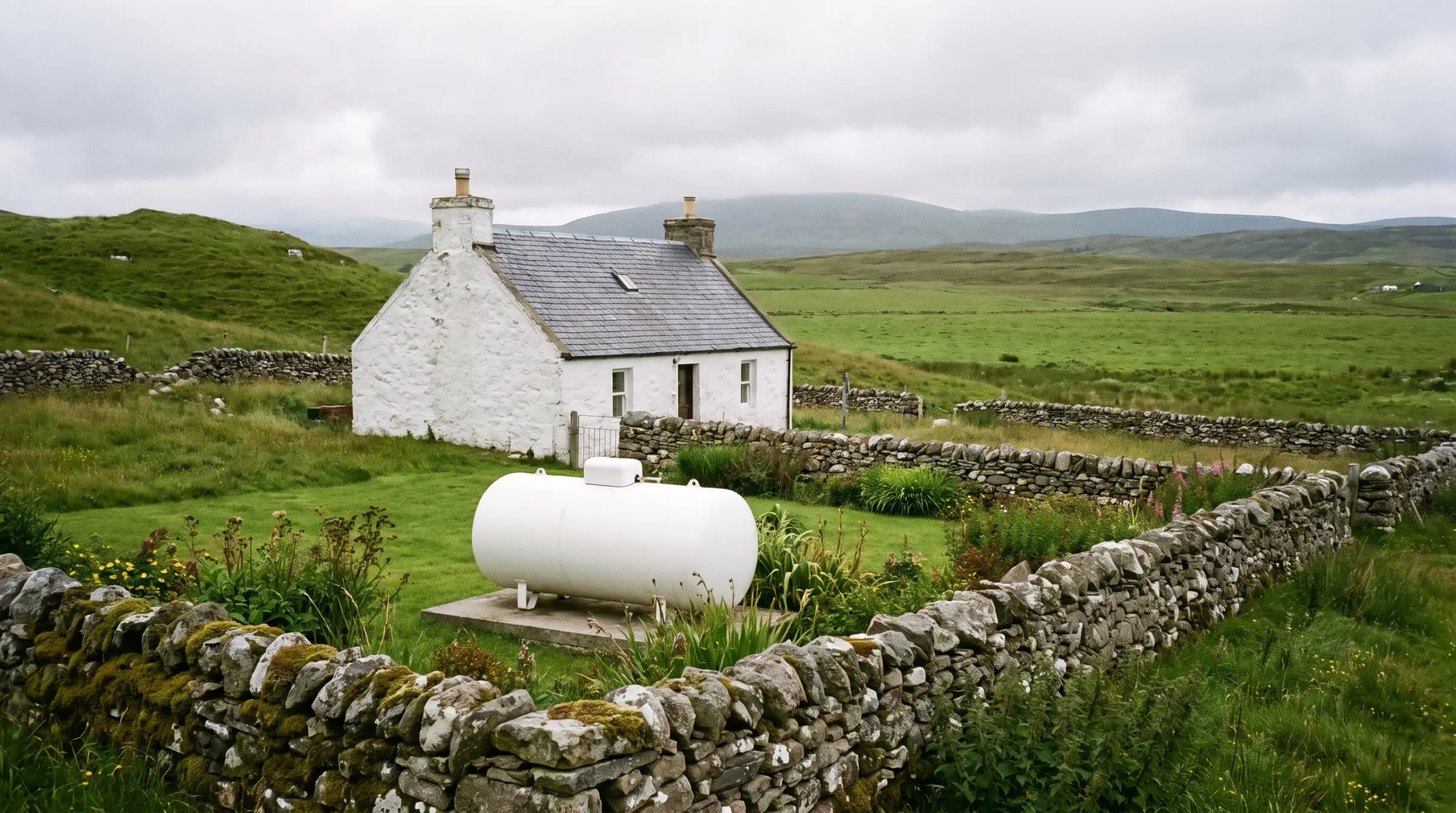 A rural stone cottage with an LPG storage tank in the garden