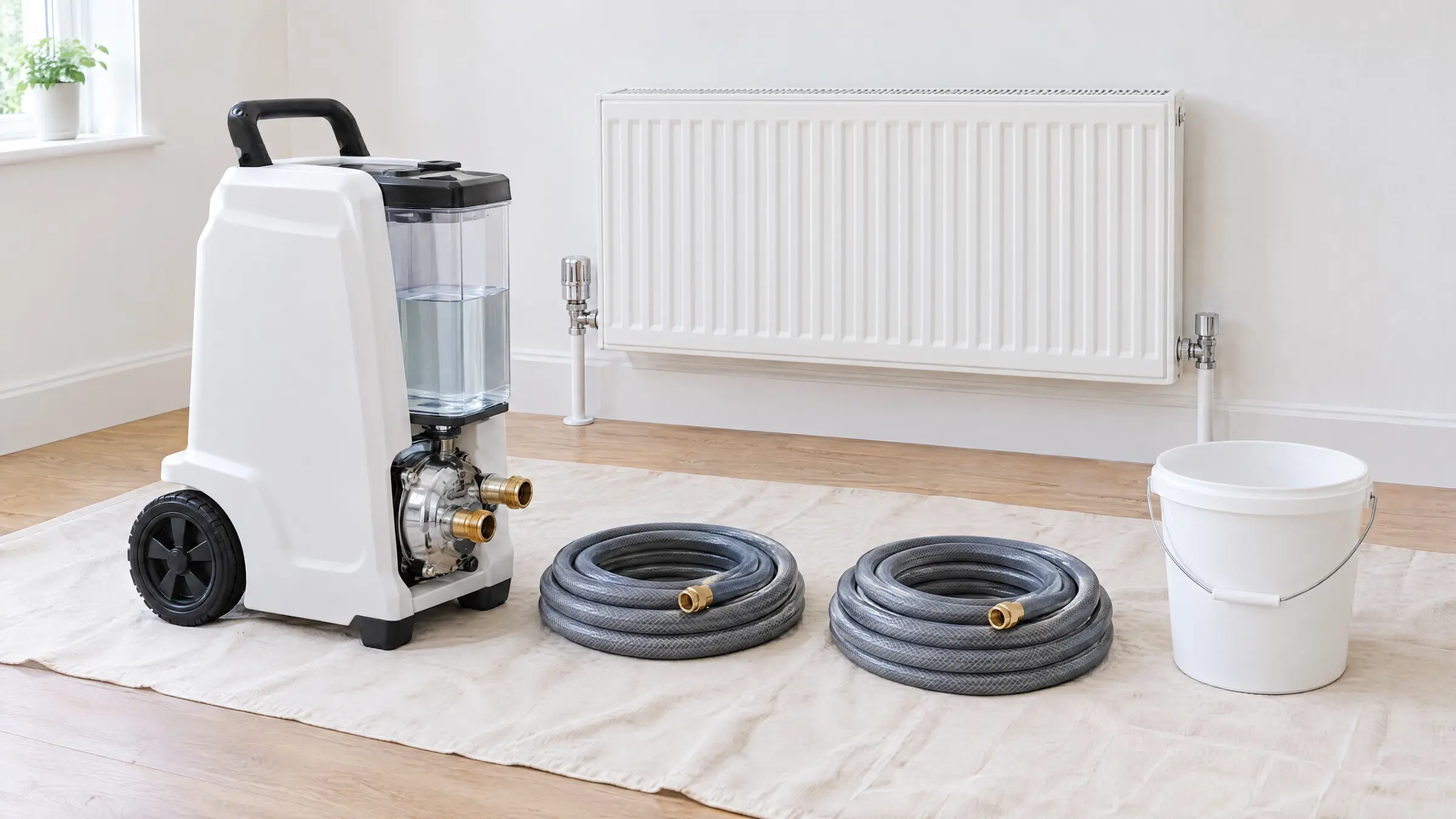 A powerflushing pump unit with a clear tank of clean water standing ready on a dust sheet, its two hoses coiled beside it, in front of a white radiator