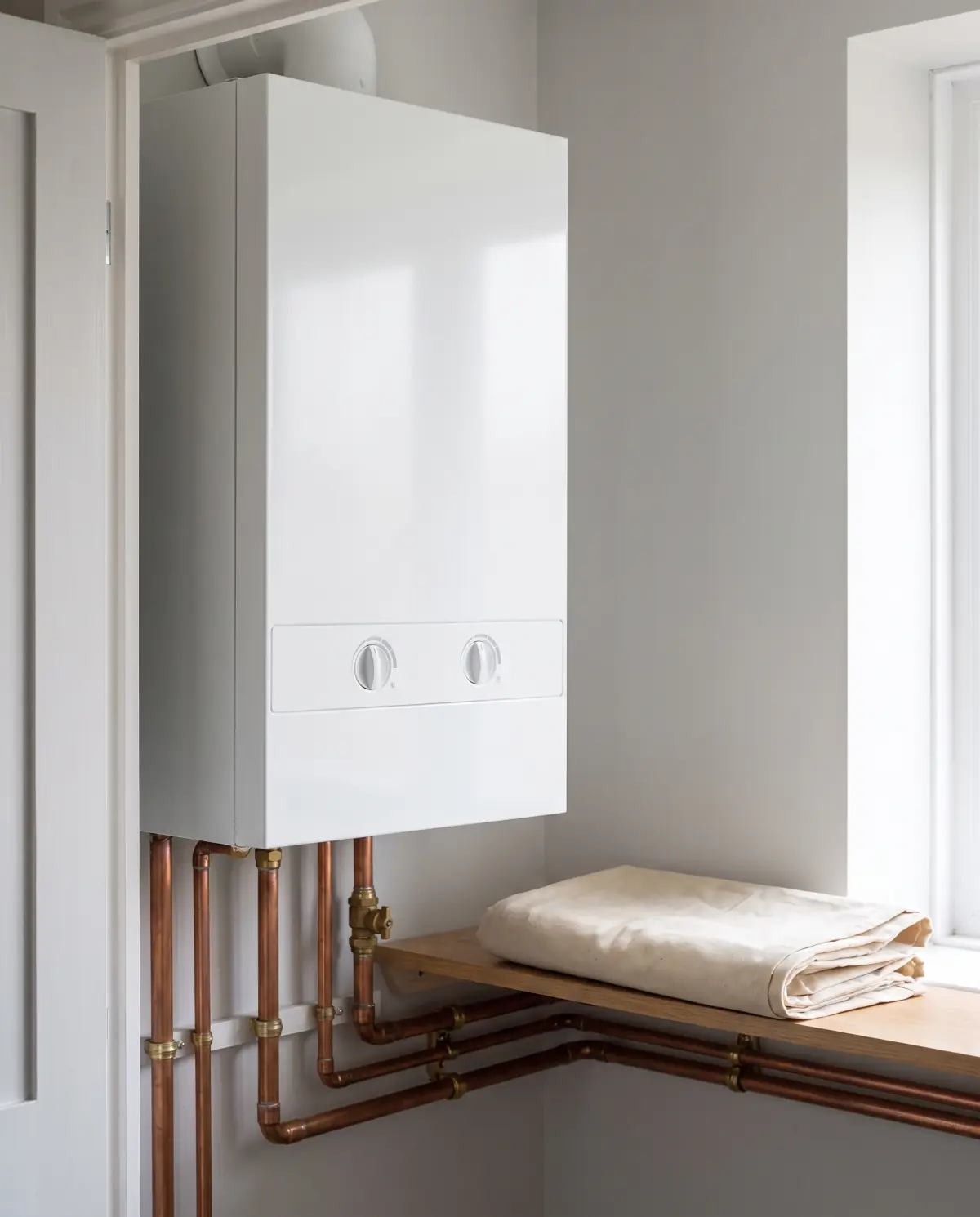 A white wall-hung boiler in a tidy utility cupboard