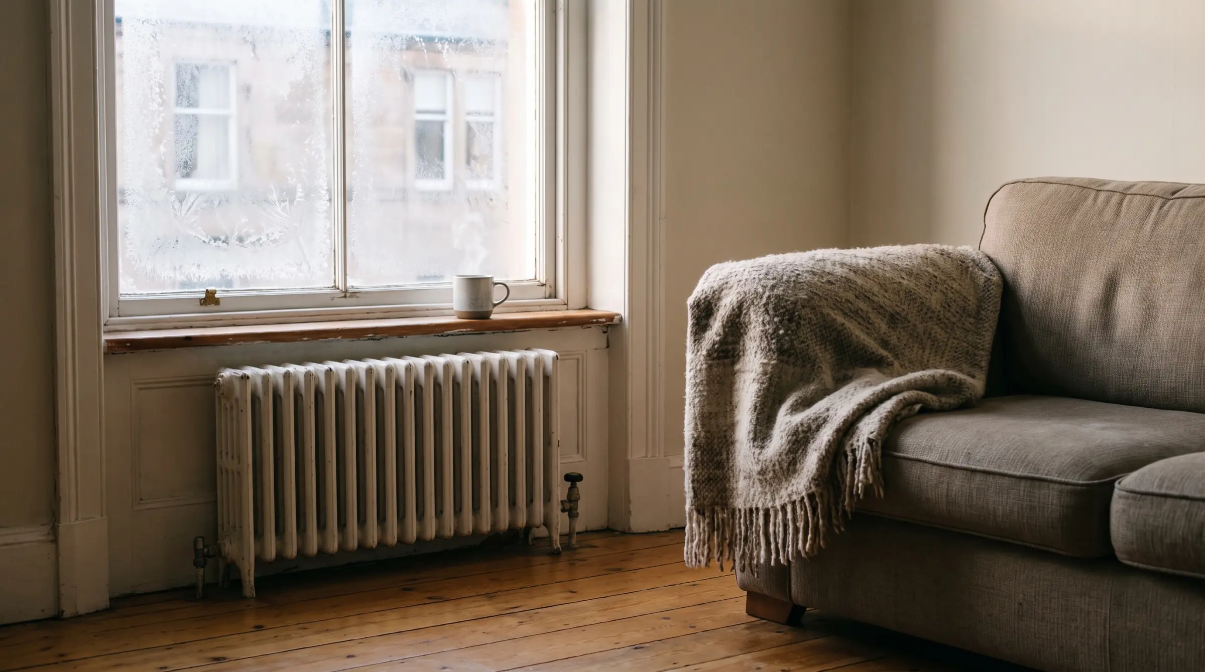 A warm tenement living room with a radiator under a frosted sash window
