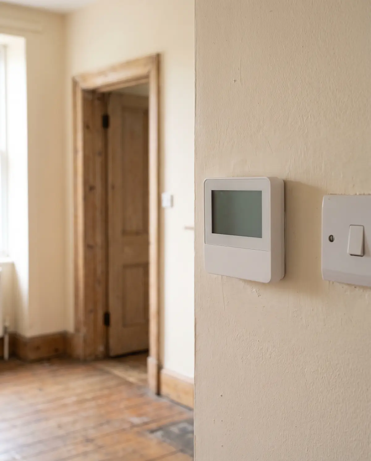 A wireless heating thermostat on a wall beside a light switch